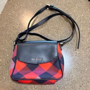 Vera Bradley Red Black Plaid Nylon Crossbody Faux Leather Trim Adjustable Strap